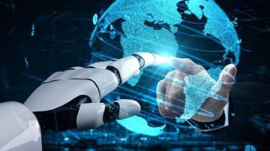 Gelecekçi robot yapay zeka yapay zeka yapay zekayı aydınlatıyor ve makine öğrenme kavramını geliştiriyor. İnsan hayatının geleceği için küresel robot biyonik bilim araştırması. 3B görüntüleme grafiği.