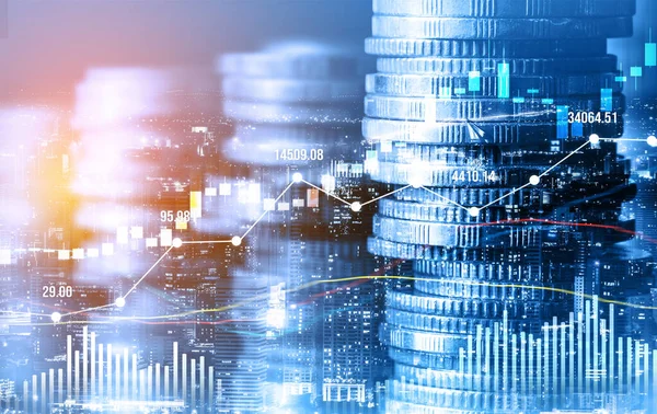 Finans ve para teknolojisi iş refahı ve varlık yönetimi kavramı. Yaratıcı grafik, refah karı elde etmek için değerli varlıklara yatırım yaparak ekonomi ve mali büyümeyi gösteriyor .