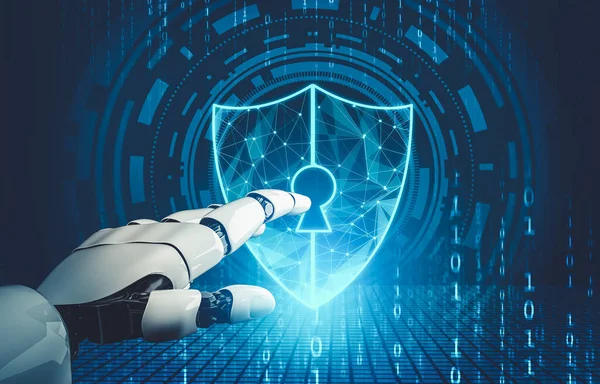 3D yorumlama fütüristik robot teknolojisi geliştirme, yapay zeka yapay zeka ve makine öğrenme kavramı. İnsan hayatının geleceği için küresel robot biyonik bilim araştırması.