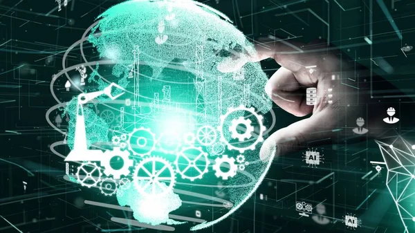 Futuristic industry 4.0 and inventive mechanized engineering concept with graphic user interface showing automation design, robot operation, usage of machine deep learning for future manufacturing.