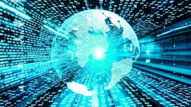 Fütürist küresel ağ ve dijital veri transferi 3D grafik. Yeni bilgi çağındaki küresel eğilimleri değiştiren akıllı dijital dönüşüm ve teknoloji bozulması kavramı .