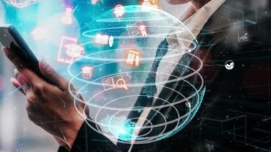 E- öğrenim ve Öğrenci ve Üniversite için Online Eğitim. Dijital eğitim kursunun teknolojisini gösteren grafik arayüzü insanların her yerden uzaktan öğrenmelerini sağlıyor.