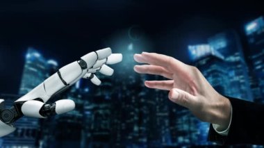 Gelecekçi robot yapay zeka devrimci yapay zeka teknoloji geliştirme ve makine öğrenme kavramı. İnsan hayatının geleceği için küresel robot biyonik bilim araştırması. 3B görüntüleme grafiği.