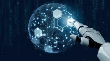 Gelecekçi robot yapay zeka devrimci yapay zeka teknoloji geliştirme ve makine öğrenme kavramı. İnsan hayatının geleceği için küresel robot biyonik bilim araştırması. 3B görüntüleme grafiği.