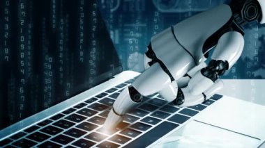 Gelecekçi robot yapay zeka devrimci yapay zeka teknoloji geliştirme ve makine öğrenme kavramı. Gelecekteki insan hayatı için küresel robot engelleme zinciri araştırması. 3B görüntüleme grafiği