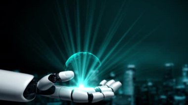 Gelecekçi robot yapay zeka yapay zeka yapay zekayı aydınlatıyor ve makine öğrenme kavramını geliştiriyor. İnsan hayatının geleceği için küresel robot biyonik bilim araştırması. 3B görüntüleme grafiği.