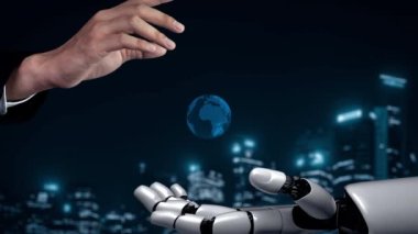 Gelecekçi robot yapay zeka yapay zeka yapay zekayı aydınlatıyor ve makine öğrenme kavramını geliştiriyor. İnsan hayatının geleceği için küresel robot kuantum bilimi araştırması. 3B görüntüleme grafiği.