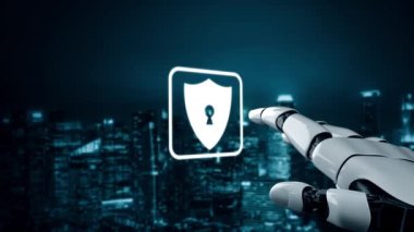 Gelecekçi robot yapay zeka yapay zeka yapay zekayı aydınlatıyor ve makine öğrenme kavramını geliştiriyor. İnsan hayatının geleceği için küresel robot kuantum bilimi araştırması. 3B görüntüleme grafiği.