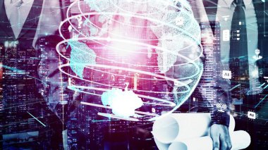 Gelecekteki bina inşaatı ve HUD hologram grafik tasarımı ile yaratıcı mühendislik projesi konsepti. İnşaat mühendisi, mimar ya da inşaat işçisi modern sivil teknoloji ile çalışıyor..