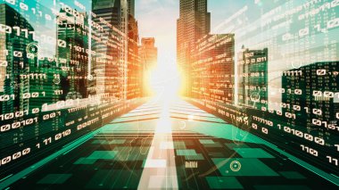 Ticari veri analizi ve zeki yazılım pazarlama stratejisi. Yeni bilgi çağındaki küresel eğilimleri değiştiren akıllı dijital dönüşüm ve teknoloji bozulması kavramı .