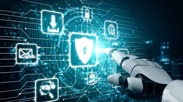 Gelecekçi robot yapay zeka yapay zeka yapay zekayı aydınlatıyor ve makine öğrenme kavramını geliştiriyor. İnsan hayatının geleceği için küresel robot biyonik bilim araştırması. 3B görüntüleme grafiği.