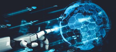 3D yapay zeka, robot ve sayborg gelişimini yaşayan insanların geleceği için yapay zeka araştırması yapıyor. Bilgisayar beyni için dijital veri madenciliği ve makine öğrenme teknolojisi tasarımı.