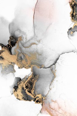 Kağıt üzerinde mermer sıvı mürekkep resminin siyah altın soyut arka planı. Yüksek kaliteli kağıt dokusu üzerine orijinal suluboya alkol mürekkebi resmi .