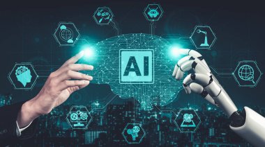 3D yapay zeka, robot ve sayborg gelişimini yaşayan insanların geleceği için yapay zeka araştırması yapıyor. Bilgisayar beyni için dijital veri madenciliği ve makine öğrenme teknolojisi tasarımı.