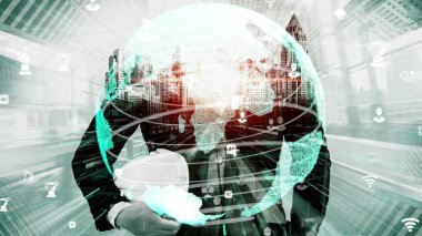 Gelecekteki bina inşaatı ve HUD hologram grafik tasarımı ile yaratıcı mühendislik projesi konsepti. İnşaat mühendisi, mimar ya da inşaat işçisi modern sivil teknoloji ile çalışıyor..