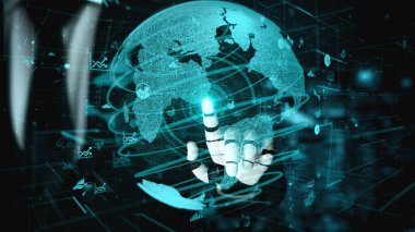 Gelecekçi robot yapay zeka yapay zeka yapay zekayı aydınlatıyor ve makine öğrenme kavramını geliştiriyor. İnsan hayatının geleceği için küresel robot biyonik bilim araştırması. 3B görüntüleme grafiği.