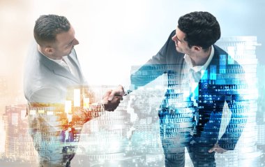 Ekonomik refah ve para teknolojisinin varlık geçmişi üzerine iş tokalaşması. Değerli borsaya yatırım yaparak ekonomik ve finansal büyüme ile refah kar birimi ticareti elde edilir