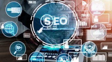 SEO - Çevrimiçi Pazarlama için Arama Motoru İyimserleştirmesi. Müşteri aramasını optimize ederek ve pazar stratejisini analiz ederek anahtar kelime araştırma web tanıtımını gösteren modern grafik arayüzü.