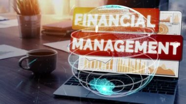 Finans ve Para Ticareti Teknolojisi. Modern bilgisayar uygulamasında fintech ticaret alışverişini, kar istatistik analizini ve pazar analisti hizmetini gösteren simge grafik arayüzü.