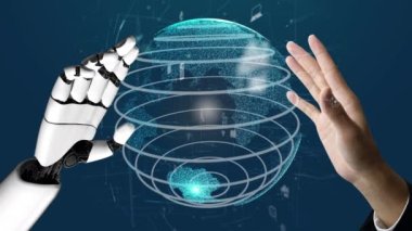 Gelecekçi robot yapay zeka devrimci yapay zeka teknoloji geliştirme ve makine öğrenme kavramı. İnsan hayatının geleceği için küresel robot biyonik bilim araştırması. 3B görüntüleme grafiği.