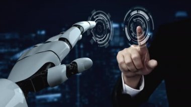 Gelecekçi robot yapay zeka yapay zeka yapay zekayı aydınlatıyor ve makine öğrenme kavramını geliştiriyor. İnsan hayatının geleceği için küresel robot kuantum bilimi araştırması. 3B görüntüleme grafiği.