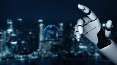 Gelecekçi robot yapay zeka yapay zeka yapay zekayı aydınlatıyor ve makine öğrenme kavramını geliştiriyor. İnsan hayatının geleceği için küresel robot biyonik bilim araştırması. 3B görüntüleme grafiği.