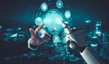 3D yapay zeka, robot ve sayborg gelişimini yaşayan insanların geleceği için yapay zeka araştırması yapıyor. Bilgisayar beyni için dijital veri madenciliği ve makine öğrenme teknolojisi tasarımı.