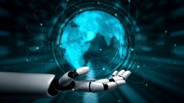 Gelecekçi robot yapay zeka yapay zeka yapay zekayı aydınlatıyor ve makine öğrenme kavramını geliştiriyor. İnsan hayatının geleceği için küresel robot biyonik bilim araştırması. 3B görüntüleme grafiği.