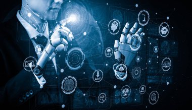 3D yapay zeka, robot ve sayborg gelişimini yaşayan insanların geleceği için yapay zeka araştırması yapıyor. Bilgisayar beyni için dijital veri madenciliği ve makine öğrenme teknolojisi tasarımı.