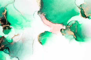 Kağıt üzerinde mermer sıvı mürekkep resminin yeşil altın soyut arka planı. Yüksek kaliteli kağıt dokusu üzerine orijinal suluboya alkol mürekkebi resmi .