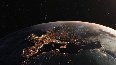 Gerçekçi coğrafya yüzeyi ve yörüngesel 3D bulut atmosferi olan Dünya gezegeni. Kıtaların dünya küresinin dış uzay görüşü. 3 boyutlu görüntüleme. Bu görüntünün elementleri NASA tarafından desteklenmektedir .