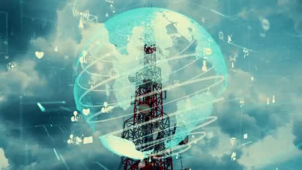 世界的なインターネットネットワーク接続の概念で青い空に対する世界的なビジネス変更と電子商取引の3Dグラフィックと電気通信塔 — ストック動画