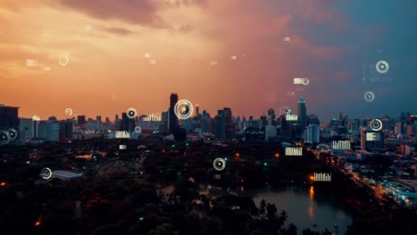 Affärsdata Analytiskt Gränssnitt Flyga Över Smart Stad Som Visar Förändring — Stockvideo