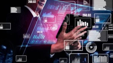 İş Mali Analitik Analitik için Büyük Veri Teknolojisi. Modern grafik arayüzü ekranda iş satış raporu, kar tablosu ve borsa analizi hakkında devasa bilgiler gösteriyor..