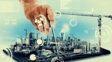 Yenilikçi mimari ve yaratıcı inşaat mühendisliği inşaat projesi. Mimar, işçi ve mühendis tarafından yapılan yaratıcı grafik tasarımı altyapı şehir binası kavramını gösteriyor.