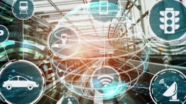 Yeni şehir yolunda gelecek araba trafiği için akıllı ulaşım teknolojisi kavramı. Sanal akıllı sistem, şehir sokaklarındaki araç verilerini birbirine bağlamak için dijital bilgi analizi yapıyor .