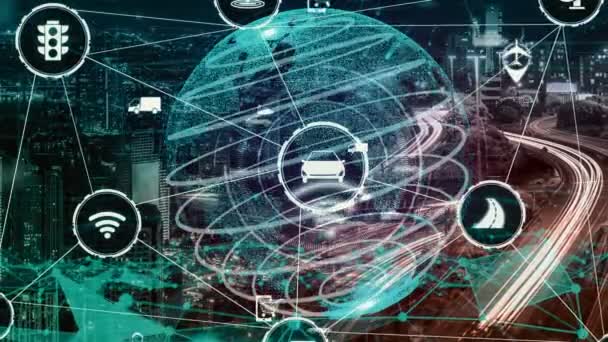 新しい都市道路上の将来の車のトラフィックのためのスマート輸送技術の概念 仮想インテリジェントシステムは 街中の車両のデータを接続するためのデジタル情報分析を行います — ストック動画