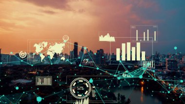 İş verileri analitik arayüzü akıllı şehrin üzerinde uçuyor ve iş zekasının geleceğini değiştiriyor. Stratejik plan için büyük verileri analiz etmek için bilgisayar yazılımı ve yapay zeka kullanılır .