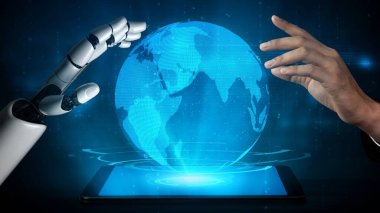 Gelecekçi robot yapay zeka yapay zeka yapay zekayı aydınlatıyor ve makine öğrenme kavramını geliştiriyor. İnsan hayatının geleceği için küresel robot biyonik bilim araştırması. 3B görüntüleme grafiği.