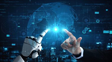 Gelecekçi robot yapay zeka yapay zeka yapay zekayı aydınlatıyor ve makine öğrenme kavramını geliştiriyor. İnsan hayatının geleceği için küresel robot biyonik bilim araştırması. 3B görüntüleme grafiği.