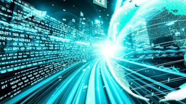 Fütürist küresel ağ ve dijital veri transferi 3D grafik. Yeni bilgi çağındaki küresel eğilimleri değiştiren akıllı dijital dönüşüm ve teknoloji bozulması kavramı .