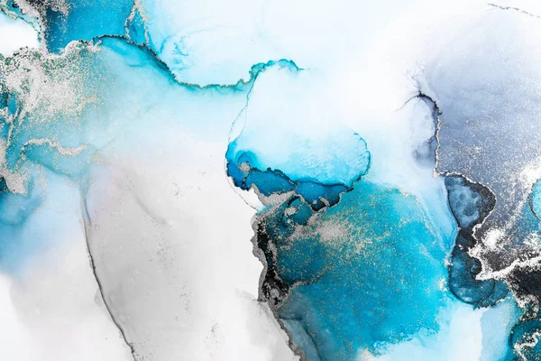 Argent Bleu Fond Abstrait Marbre Peinture Encre Liquide Art Sur — Photo
