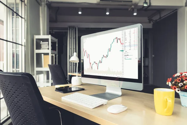 Stock market data chart analysis by ingenious computer software . Investment application display stock market chart on the computer screen and advise trading decision .