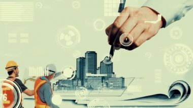 Şehir sivil planlama ve yaratıcı gayrimenkul geliştirme. Yaratıcı şehir binası tasarlamak için soyut şehir çizimine bakan mimar insanlar. Mimarlık hayali ve hırs konsepti.