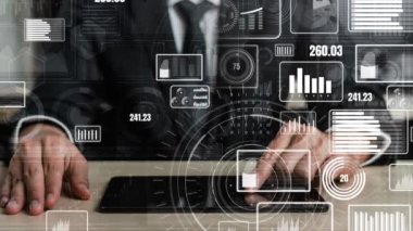İş Mali Analitik Analitik için Büyük Veri Teknolojisi. Modern grafik arayüzü ekranda iş satış raporu, kar tablosu ve borsa analizi hakkında devasa bilgiler gösteriyor..