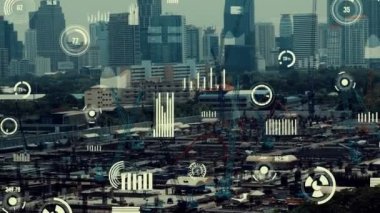 Otomasyon konseptini ve uzaktan kablosuz makine kontrolünü gösteren bir bilgisayar yazılımında fütüristik HUD kullanarak inşaat teknolojisi konsepti üzerinde değişiklik grafiği içeren konsept .