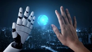 Gelecekçi robot yapay zeka yapay zeka yapay zekayı aydınlatıyor ve makine öğrenme kavramını geliştiriyor. İnsan hayatının geleceği için küresel robot kuantum bilimi araştırması. 3B görüntüleme grafiği.