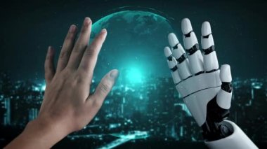 Gelecekçi robot yapay zeka yapay zeka yapay zekayı aydınlatıyor ve makine öğrenme kavramını geliştiriyor. İnsan hayatının geleceği için küresel robot biyonik bilim araştırması. 3B görüntüleme grafiği.