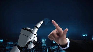 Gelecekçi robot yapay zeka yapay zeka yapay zekayı aydınlatıyor ve makine öğrenme kavramını geliştiriyor. İnsan hayatının geleceği için küresel robot biyonik bilim araştırması. 3B görüntüleme grafiği.