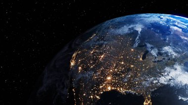 Gerçekçi coğrafya yüzeyi ve yörüngesel 3D bulut atmosferi olan Dünya gezegeni. Kıtaların dünya küresinin dış uzay görüşü. 3 boyutlu görüntüleme. Bu görüntünün elementleri NASA tarafından desteklenmektedir .